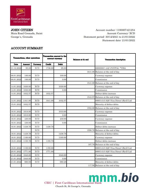 Szablon wyciągu bankowego Grenada CBIC w programie Word i PDF